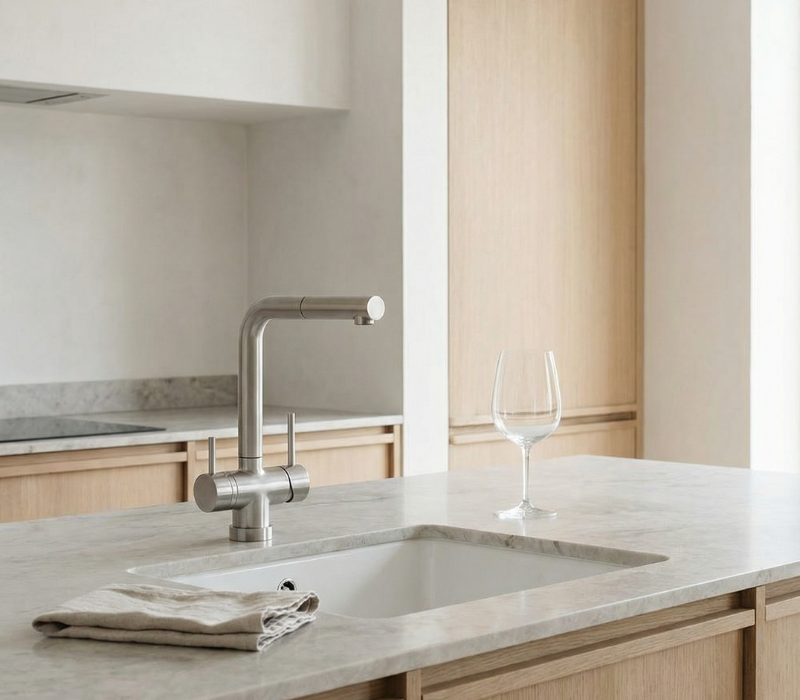 Modern kitchen mixer tap in stainless steel in a minimalist kitchen