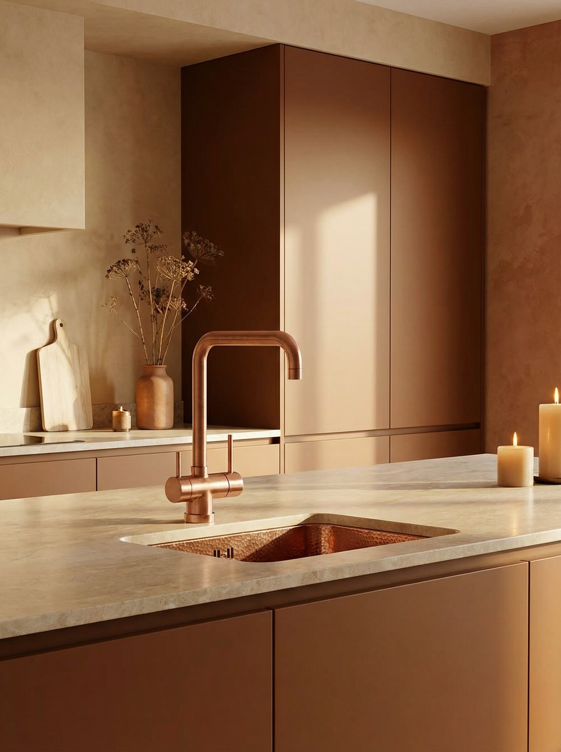 Kitchen mixer tap in copper in a modern kitchen with warm tones