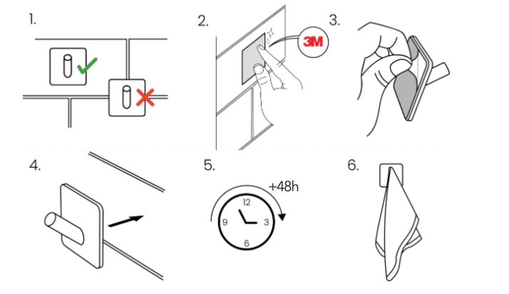Six illustrated steps for installing a product with 3M tape, including waiting 48 hours before use