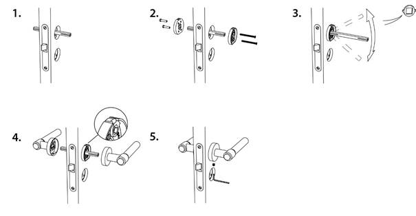 Illustrated steps 1 to 5 for installing a door handle with a hidden screw