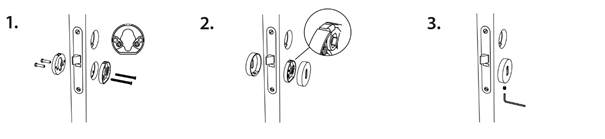 Illustrated steps 1 to 3 for installing the key plate for a door handle with a hidden screw
