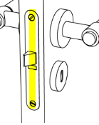 Door edge with the lock case plate marked in yellow