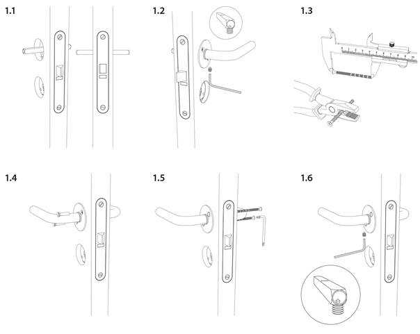 Illustrated steps 1 to 6 for installing a door handle with a visible screw