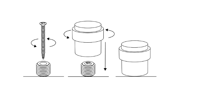 Installation of the Helix door stop: the screw goes through the mounting part into the floor, then the door stop is turned onto the mounting part