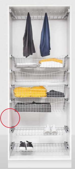 Wardrobe with pull-out wire baskets; a red circle marks the frame where you measure its thickness