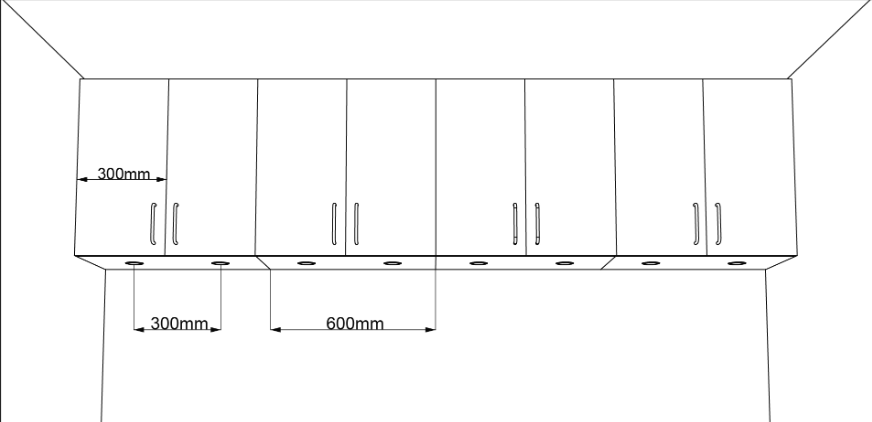 Suggested spotlight spacing for kitchen doors that are 300 mm wide
