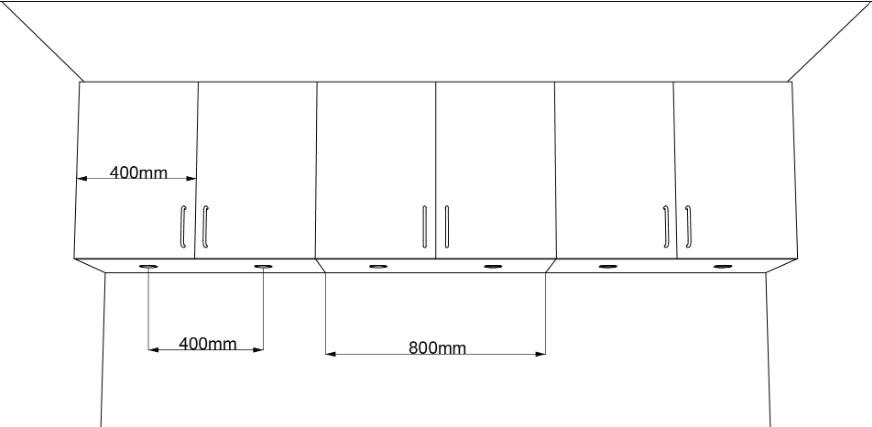 Suggested spotlight spacing for kitchen doors that are 400 mm wide