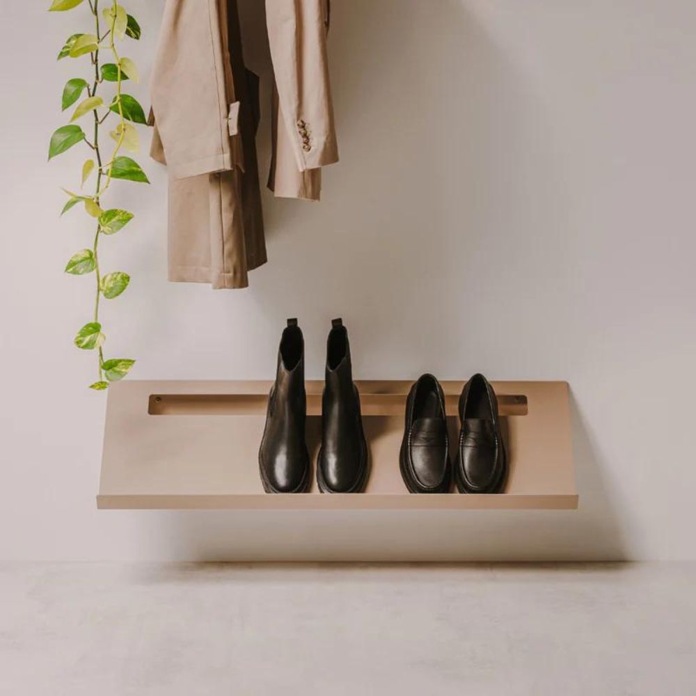 Hall storage with beige metal shoe rack