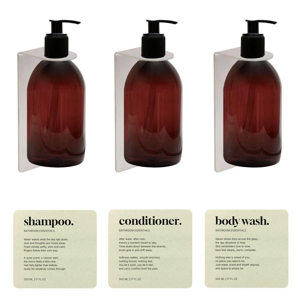 soap pump set with brown pump bottle, base soap pump holder, and labels in beige color