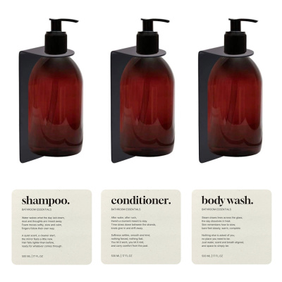 soap pump set with brown pump bottle, base soap pump holder, and labels in beige color